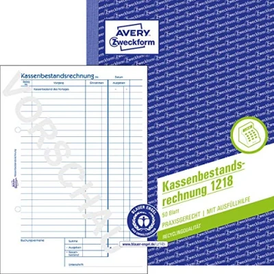 Abbildung von AVERY Zweckform 1218 Recycling Kassenbestandsrechnung (A5, 50 Blatt, Ermittlung der Tageseinnahmen &amp; Kassenbestand, von Rechtsexperten geprüft, für DE/AT, zur ordnungsgemäßen Buchführung) weiß
