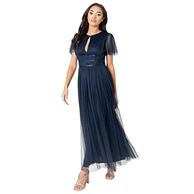 Abbildung von Anaya with Love Damen Ladies Midaxi Dress for Women High Waist Keyhole Short Flutter Sleeve Crew Neckline Wedding Guest Bridesmaids Prom Kleid, Navy Blue,