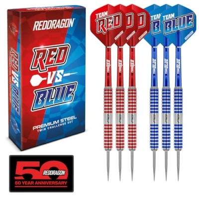Abbildung von Red DRAGON Team v Blue 20 Gram Steel Darts Set with Flights and Shafts (Stems)