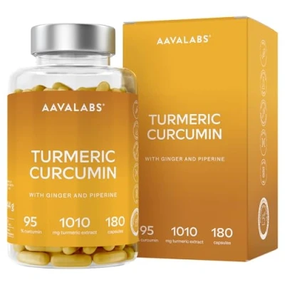 Abbildung von Kurkuma Kapseln mit 95% Curcumin Extrakt und Piperin AAVALABS Hochdosiert Curcuma Pulver 180 Vegan &amp; Laborgeprüft