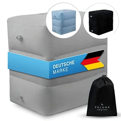 Abbildung von Feluna® Fußablage Fußstütze Fußauflage; Reisekissen für Zug, Auto &amp; Flugzeug Kissen, aufblasbares Travel Strand Campingkissen Multifunktionskissen bis zu 42x38x45 cm (Grau)