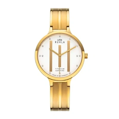 Abbildung von UMR RUHLA Armbanduhr, für Damen, Quarz, Titan, satiniert, Saphirglas, wasserdicht bis 3 bar Made in Germany, Farbe:Gold