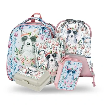 Abbildung von Baagl Schulranzen Mädchen Set 5 Teilig, Shelly Hartschalen Schultasche ab 1. Klasse, Ergonomische Grundschule Ranzen mit Brustgurt (Waschbär)