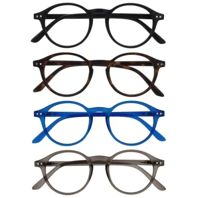 Abbildung von OPULIZE REY Lesebrille 4er Pack Runder Retro Rahmen Mattschwarz, Braunes Schildpatt, Blau, Grau Herren Damen Federscharniere RRRR56 1237 +1.50