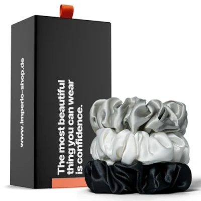 Abbildung von IMPERIO Seiden Scrunchies in exklusiver Geschenkbox Premium Haargummis aus 100% reiner Maulbeerseide 22 Momme Qualität sanft zum Haar gegen Haarbruch (Classic)