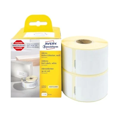 Abbildung von AVERY Zweckform AS0722400 Dymo LabelWriter Adressetiketten kompatibel zu S0722400 (36x89mm, 2 Rollen520 Adressaufkleber, selbstklebend, für LW Etikettendrucker/Beschriftungsgerät/Etikettenband)