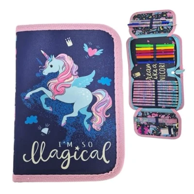 Abbildung von Theonoi Kinder Federmäppchen Federtasche Federmappe Mäppchen Etui 2 Fach Doppeldecker Schüleretui Stifteetui gefüllt Schulzubehör Einschulung Mädchen Einhorn einhörner (Unicorn)