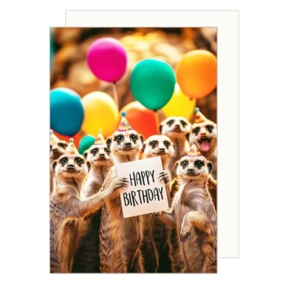 Abbildung von Edition Seidel Premium Geburtstagskarte mit Umschlag. Glückwunschkarte Tier Karte Billet Geburtstag Hapy Birthday Mann Frau Erdmännchen bunte Luftballons lustig Humor (G3564 SW024)