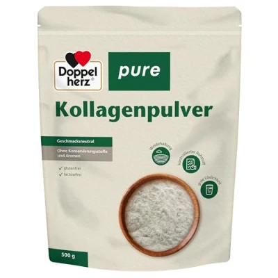 Abbildung von Doppelherz pure Kollagenpulver geschmacksneutral leicht löslich ohne Konservierungsstoffe und Aromen kontrollierter Rohstoff aus Weidehaltung 500 g