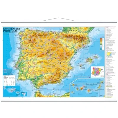 Abbildung von Spanien und Portugal physisch Wandkarte mit Metallbeleistung NEUE AUFLAGE