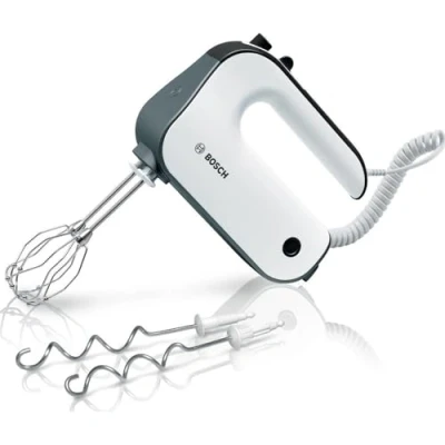 Abbildung von Bosch Handrührer Styline MFQ49300, 5 Stufen, 2 Edelstahl Rührbesen und Knethaken, Spiralkabel, 850 W, weiß/dark silver