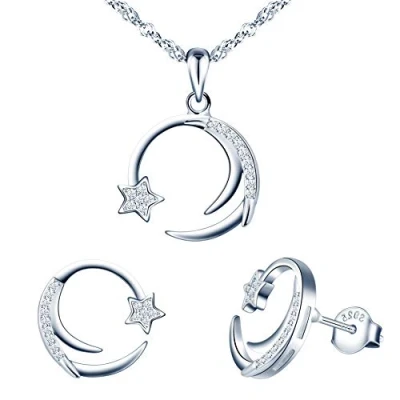 Abbildung von Yumilok Damen Schmuckset Halskette mit Stern Mond Zirkonia Anhänger &amp; Ohrstecker Ohrringe aus 925 Sterling Silber