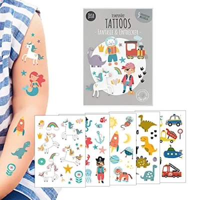 Abbildung von Hautfreundliche Kindertattoos zum Aufkleben Motiv Fantasie &amp; Entdecker, Kinder Tattoo Set mit 5 Bögen, Tattoos Kinder, 100% Vegan und Hergestellt in Österreich, JEKA