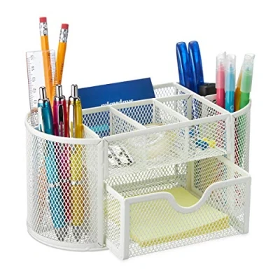Abbildung von Relaxdays Stiftehalter, mit Schublade, Schreibtisch Organizer für Stifte, Metall Mesh, HBT 10,5 x 22 11 cm, weiß, 1 Stück