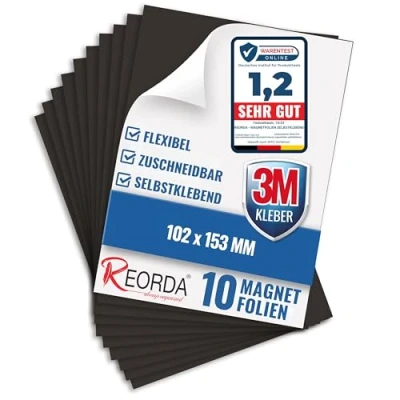 Abbildung von Reorda® Magnetfolie selbstklebend 10er Set Magnetpapier mit starkem 3M Kleber Magnetplatte zuschneidbar für Kühlschrank, Tafeln &amp; Poster Magnetische Folie für&#039;s Basteln