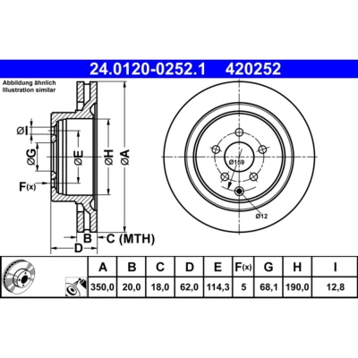 Abbildung von ATE 24.0120 0252.1 Bremsscheibe 350,0 20,0 5 114,3 Belüftet beschichtet INFINITI: Q50 Saloon, FX Off Road, M Saloon