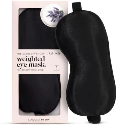 Abbildung von Kitsch Lavendelbeschwerte Satin Augenmaske, weicher als Seide, verstellbare Augenmaske zum Schlafen, Augenbinde (schwarz)