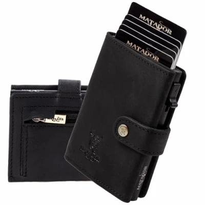 Abbildung von MATADOR Slim Wallet Miami Leder Kreditkartenetui mit POP UP Kartenhalter RFID Schutz &amp; Münzfach Mini Portemonnaie kleine Geldbörse Männer Geschenkverpackung Schwarz