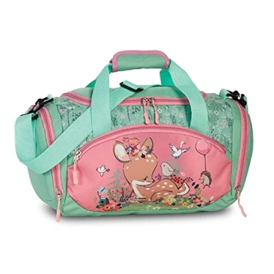 Abbildung von Sporttasche Kinder Reisetasche Umhängetasche mit süßem REH Rehkitz Blumen Vogel Igel für Mädchen &amp; Jungen 14,2 Liter 35 x 22 18,5 cm, pastellgrün/rosa