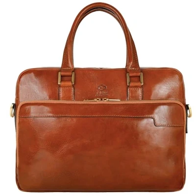 Abbildung von Time Resistance Aktentasche Leder Laptoptasche mit Schultergurt Handgefertigt in Italien Arbeitstasche Businesstasche Umhängetasche Cognac Braun