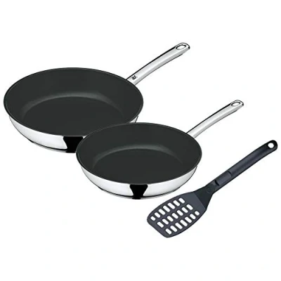 Abbildung von WMF Devil Pfannenset 3 teilig, Bratpfanne Induktion 24, 28 cm, mit Pfannenwender, Cromargan Edelstahl beschichtet, Keramikbeschichtung, backofenfest
