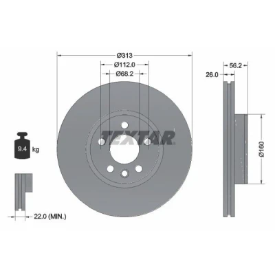 Abbildung von TEXTAR PRO+ 92109905 Bremsscheibe 313 26 05/06 112 innenbelüftet beschichtet hochgekohlt ohne Radbefestigungsbolzen, Radnabe FORD: Galaxy Mk1 MPV