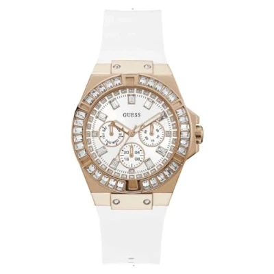 Abbildung von GUESS Damen Armbanduhr Venus 39 mm Strasssteine auf dem Gehäuse Armband Silicone GW0118L4
