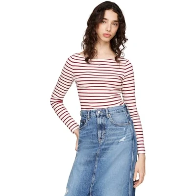 Abbildung von Tommy Jeans Breton Stripe Langarmshirt, Damen, Größe: Medium, Regatta red/multi
