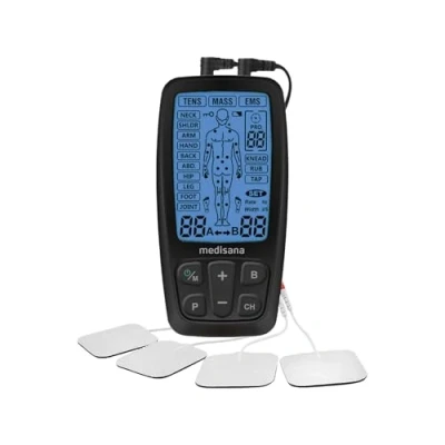 Abbildung von medisana TENS Gerät, EMS Reizstromgerät mit 60 Programmen professionelles Elektrotherapiegerät Muskelentspannung und Schmerzlinderung an Rücken, Nacken, Schultern, Bauch, Hüfte 4 Elektrodenpads