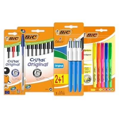 Abbildung von BIC Stifte Set: Kugelschreiber und Textmarker, 10x Cristal Schwarz, 4x bunt, 3x 4 Colours 5 Highlighter, Ideal für Büro Home Office