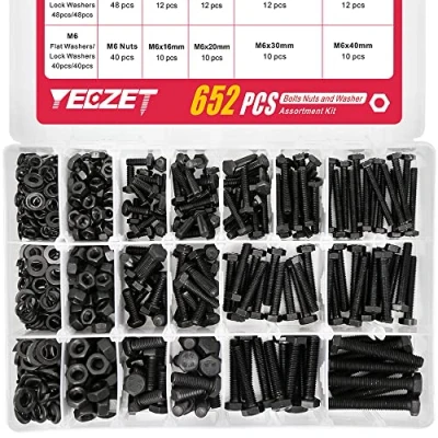 Abbildung von YEEZET 652 Pcs M4 M5 M6 Schrauben Sechskantschrauben Unterlegscheiben Federringe und Muttern Sortiment Kit (8.8 Kohlenstoffstahl)