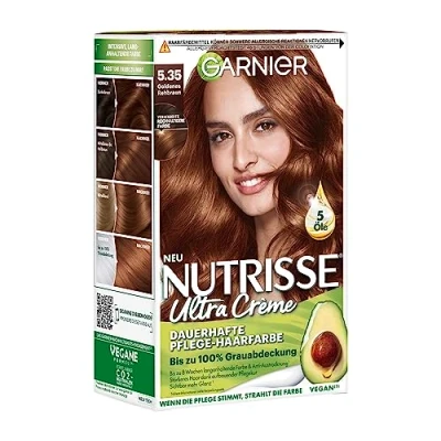 Abbildung von Garnier Nutrisse Dauerhafte Pflege Haarfarbe mit nährenden Fruchtölen, Coloration 8 Wochen Halt, Ultra Crème Tönung, 5.35 Goldenes Rehbraun