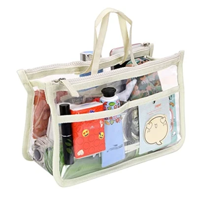 Abbildung von IGNPION Transparent PVC Insert Handtasche Organizer 8 Taschen Reise Make Up Kulturbeutel Waschbeutel Kosmetiktasche für Mädchen Frauen mit Reißverschluss und Griffe (Beige)