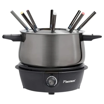 Abbildung von Bestron elektrisches Fondue Set für bis zu 8 Personen, mit 8x Fonduegabeln &amp; stufenlosen Thermostat, inkl. Spritzschutz, Farbe: Titangrau