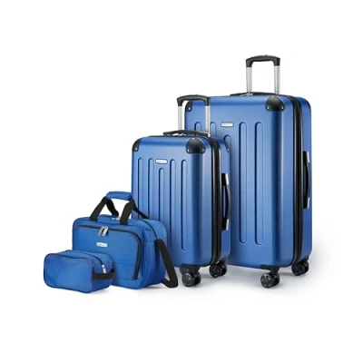 Abbildung von Amazon Basics Hartschalenkoffer Set, 4 teilig, Großer Koffer, Handgepäckkoffer, Tragetasche, Kompakte Reisetasche, Erweiterbar, Spinner Räder, Marineblau