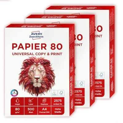Abbildung von AVERY Zweckform 2575 Druckerpapier, Kopierpapier (1.500 Blatt, 80 g/m², DIN A4 Papier, für alle Drucker) 1 Box mit 3 Pack, weiß