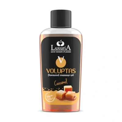 Abbildung von INTIMATELINE Voluptas Caramel Essbares Massagegel, stimulierendes Gel mit wärmender Wirkung für den ganzen Körper, feuchtigkeitsspendende und weichmachende Wirkung, Karamellgeschmack, 100 ml