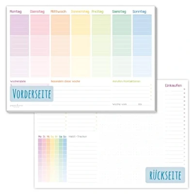 Abbildung von paper&amp;you® Wochenplaner Block A4 ohne festes Datum [Rainbow] 50 Blatt Terminplaner mit To Do Liste, Einkaufsliste, großem Notizfeld &amp; mehr klimafreundlich nachhaltig