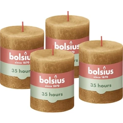 Abbildung von Bolsius Rustik Stumpenkerzen Ockergelb Set 4 Stück Dekorative Haushaltkerzen Länge Brenndauer 35 Stunden Unparfümierte Natürliches Pflanzenwachs Ohne Palmöl 8 x 7 cm