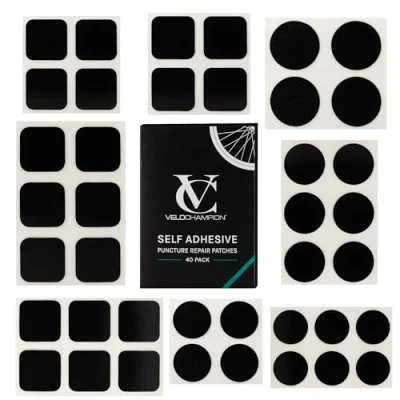 Abbildung von VeloChampion Fahrrad Reifen Flickzeug. Tragbares Reparaturset für Rennrad und MTB Reifen. Flickzeug Selbstklebend 40er , 10er Pack oder 6er Flicken mit 3 Reifenhebern