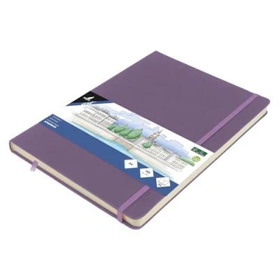Abbildung von Skizzenbuch Kangaro A4 Heather Purple PU Hardcover 80 Blatt 140 Gramm cremefarbenes Papier mit Gummiband und Band
