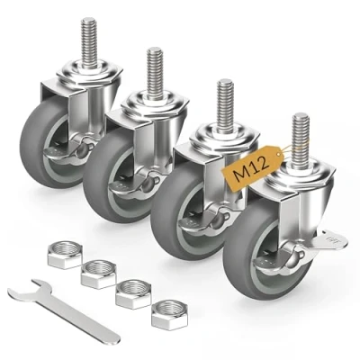 Abbildung von HOLKIE Lenkrollen 75mm (3 Zoll) mit Bremsen Möbelrollen Transportrollen, M12 x 1,75 30mm (Schaftdurchmesser 12mm, Schaftlänge 30mm) Schwerlastrollen Gummirollen 4er Set Rollen für Möbel Grau