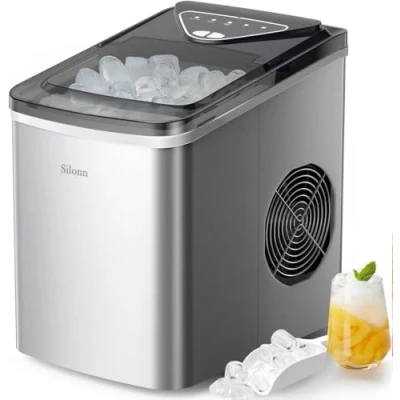 Abbildung von Silonn Eiswürfelmaschine, Ice Maker 9 Eiswürfel in nur 6 Minuten bis zu 12 kg 24 Stunden, Arbeitsplatte Eiswürfelmaschine mit selbstreinigend, Ideal für Küche Büro und Partys, 2 Größen von Eis