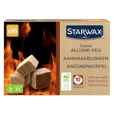 Abbildung von STARWAX Anzündwürfel für Grill, Ofen und Kamin Schnelles Anzünden Sauber geruchlos Ohne Palmöl 100% Inhaltsstoffe natürlichen Ursprungs 96 Würfel 1 = Feuer