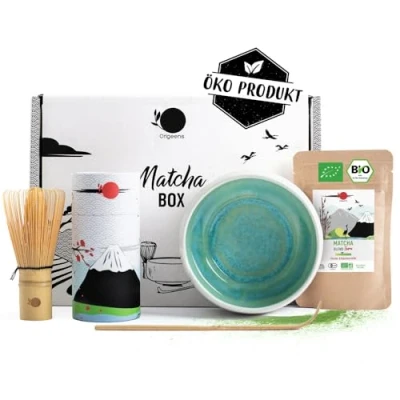 Abbildung von ORIGEENS Matcha Tee SET mit Besen, Schale aus Keramik, BIO Japan Handwerklich angefertigte Bowl Portugal Geschenkset