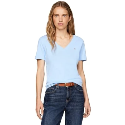 Abbildung von Tommy Hilfiger Damen T Shirt Kurzarm New Slim Cody V Neck Ausschnitt, Blau (Vessel Blue), XS