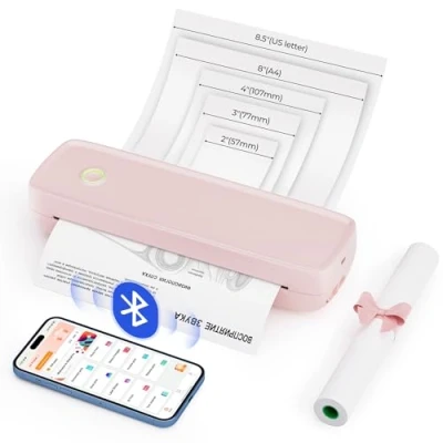 Abbildung von MUNBYN Mobiler Drucker Bluetooth Thermodrucker A4 203DPI Inkless Printer Kompatibel mit Android &amp; iOS für Handy Laptop, Unterstützt 210x297mm Thermopapier, Tragbar, ITP04, Rosa