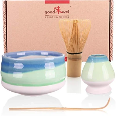 Abbildung von Goodwei Matcha Set komplett mit Matchabesen, Löffel und Schale aus Keramik Besenhalter im passenden Design Kunstvoll gefertigte Zeremonieschale Chawan (Sumi, 120)