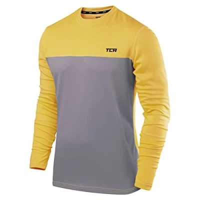 Abbildung von TCA Element Sport Langarmshirt Herren Funktionsshirt mit Rundhalsausschnitt Laufshirt Running Shirt atmungsaktiv Langarm Sportshirt Oberteil Grau/Gelb, M