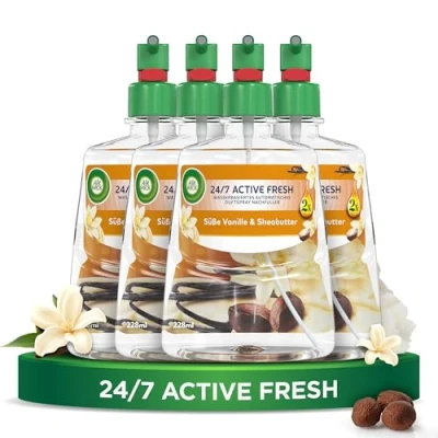 Abbildung von Air Wick Active Fresh Aeorosolfreier, automatischer Lufterfrischer Raumduft Süße Vanille &amp; Sheabutter 4 x 228 ml Nachfüller